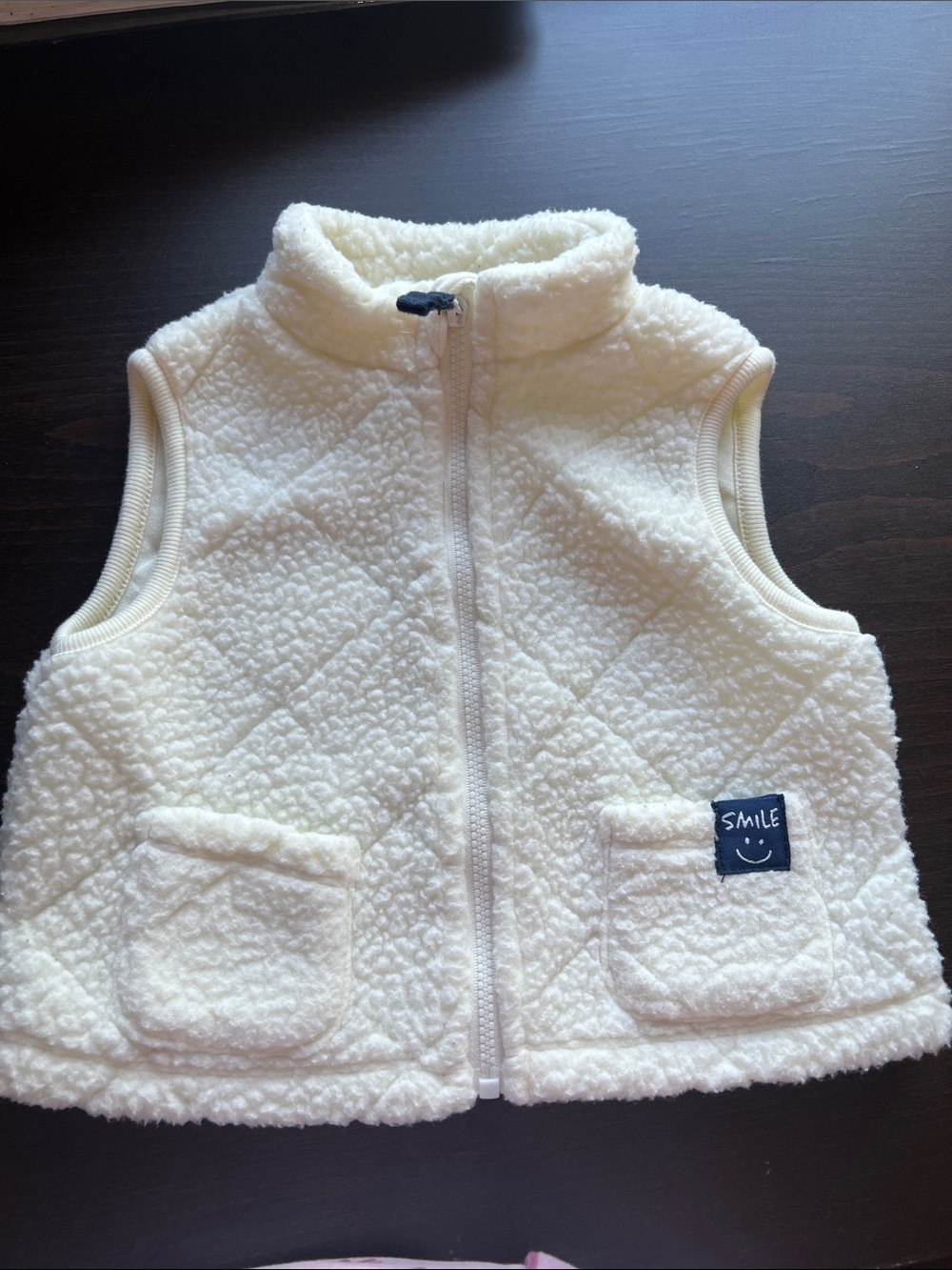Cream Kids Sherpa Vest with Pocket Smile Patch